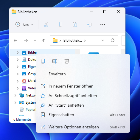 Das neue Kontextmenü. Über „Weitere Optionen anzeigen“ gelangen Sie zur aus Windows 10 bekannten, langen Liste.